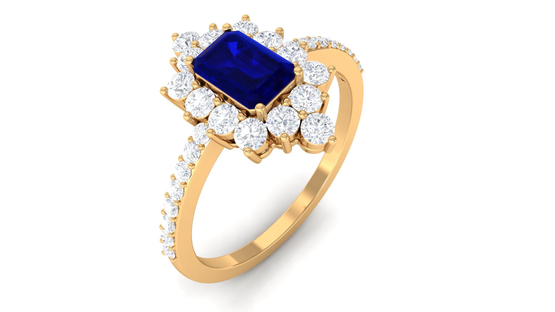 Octagon Blue Sapphire and Diamond Halo Engagement Ring Blue Sapphire - ( AAA ) - Quality - Rosec Jewels