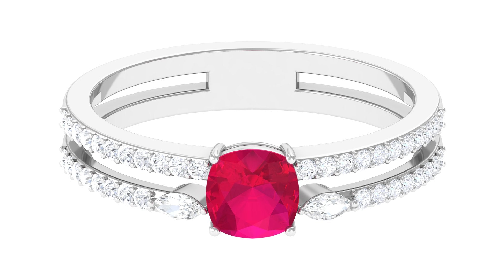 Cushion Cut Ruby Double Band Anniversary Ring with Diamond Ruby - ( AAA ) - Quality - Rosec Jewels