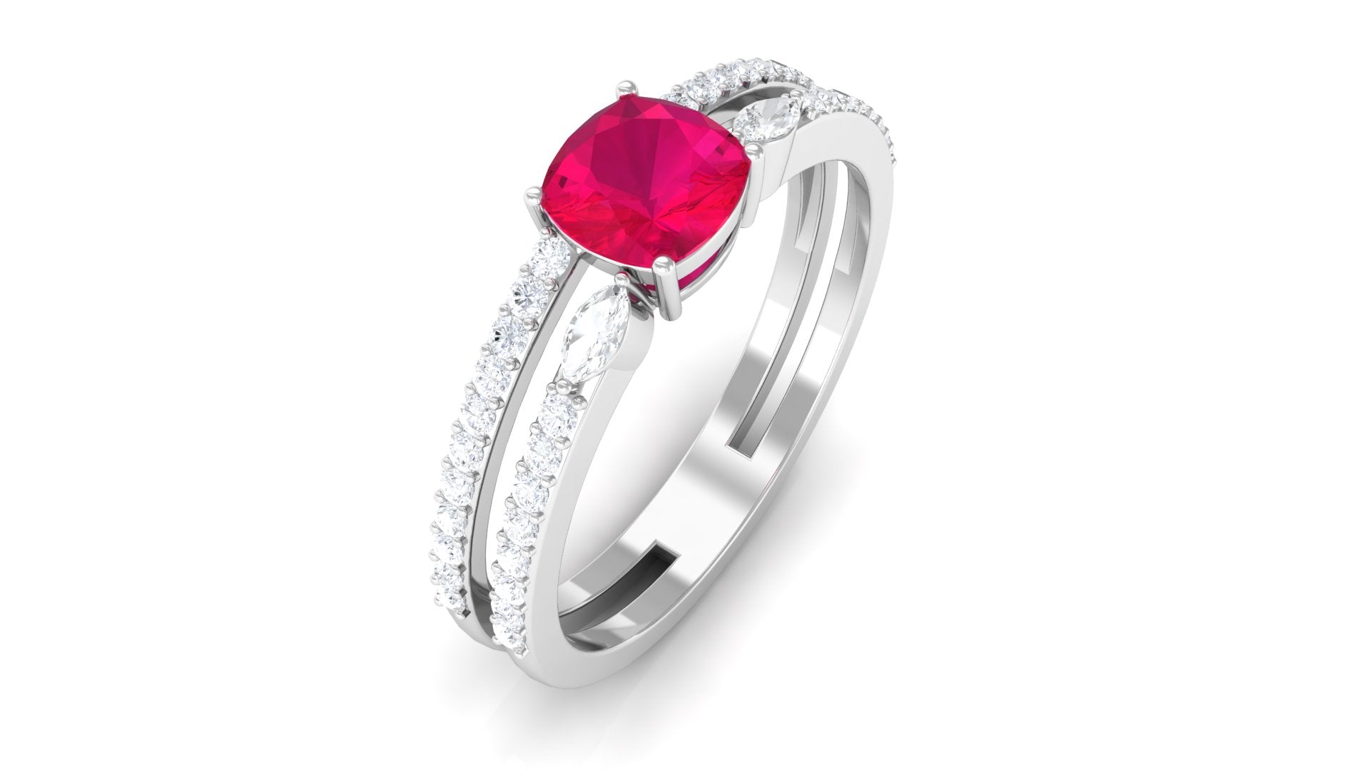 Cushion Cut Ruby Double Band Anniversary Ring with Diamond Ruby - ( AAA ) - Quality - Rosec Jewels