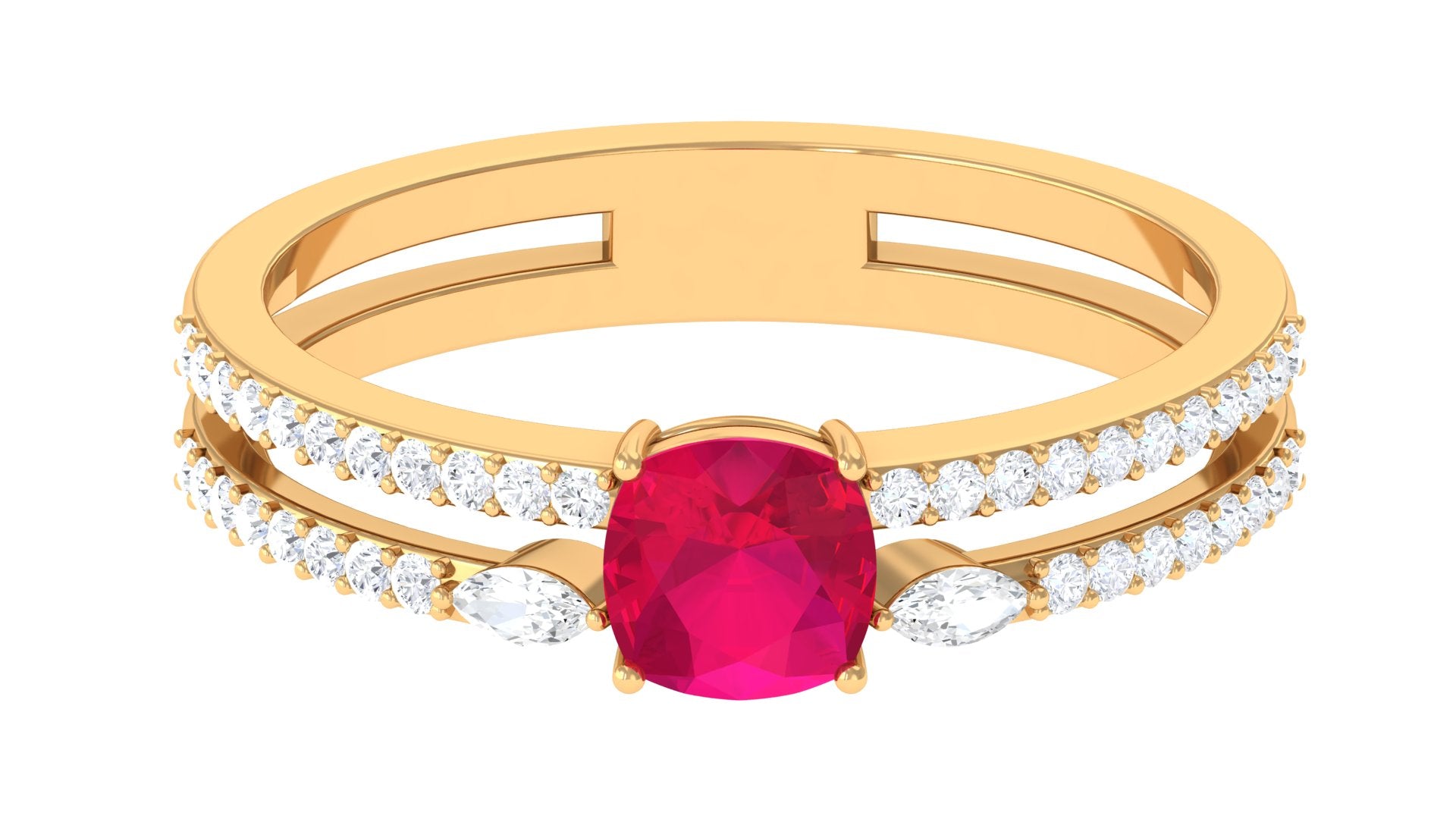 Cushion Cut Ruby Double Band Anniversary Ring with Diamond Ruby - ( AAA ) - Quality - Rosec Jewels