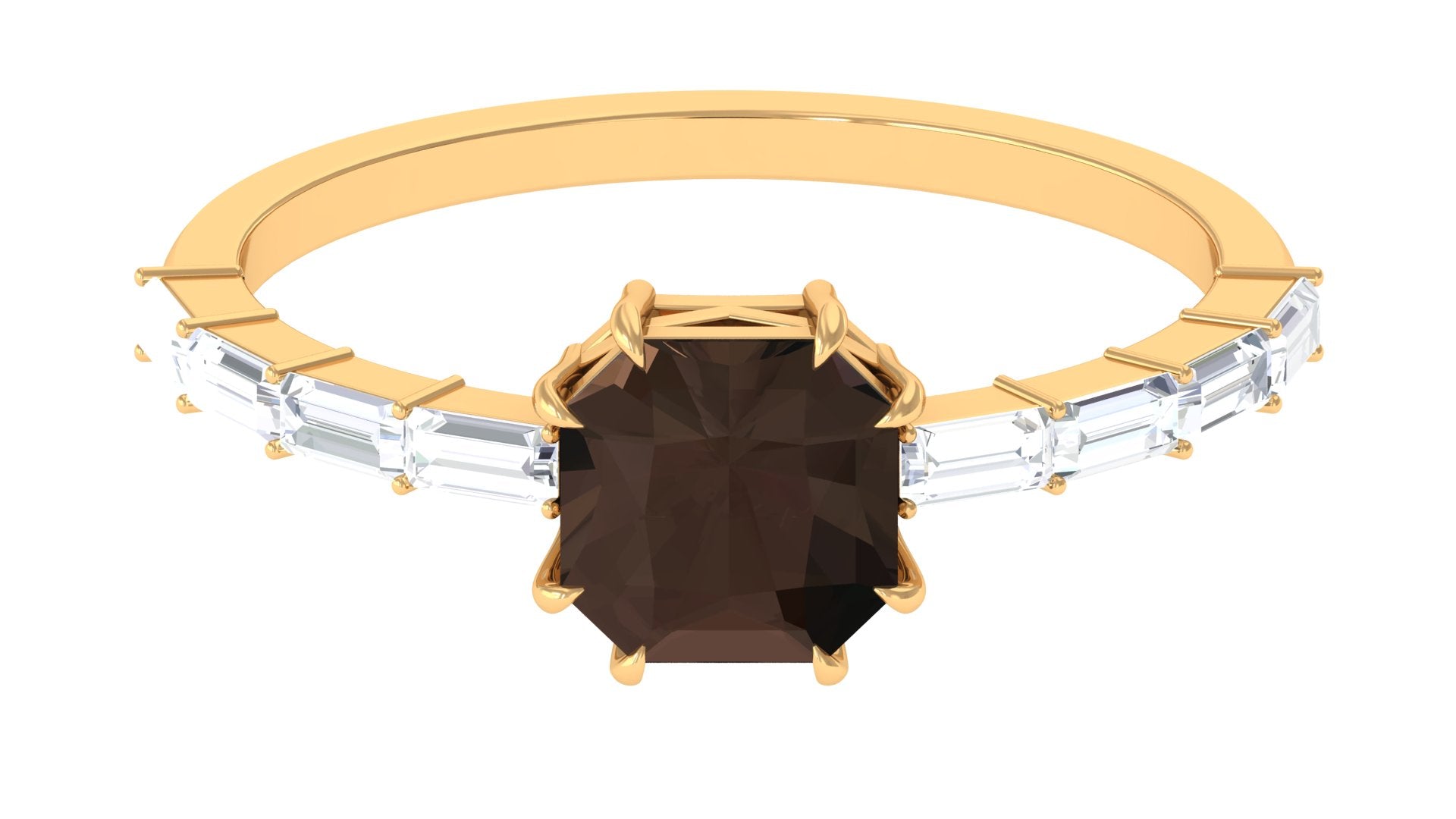 Asscher Cut Smoky Quartz Solitaire Ring with Diamond Smoky Quartz - ( AAA ) - Quality - Rosec Jewels