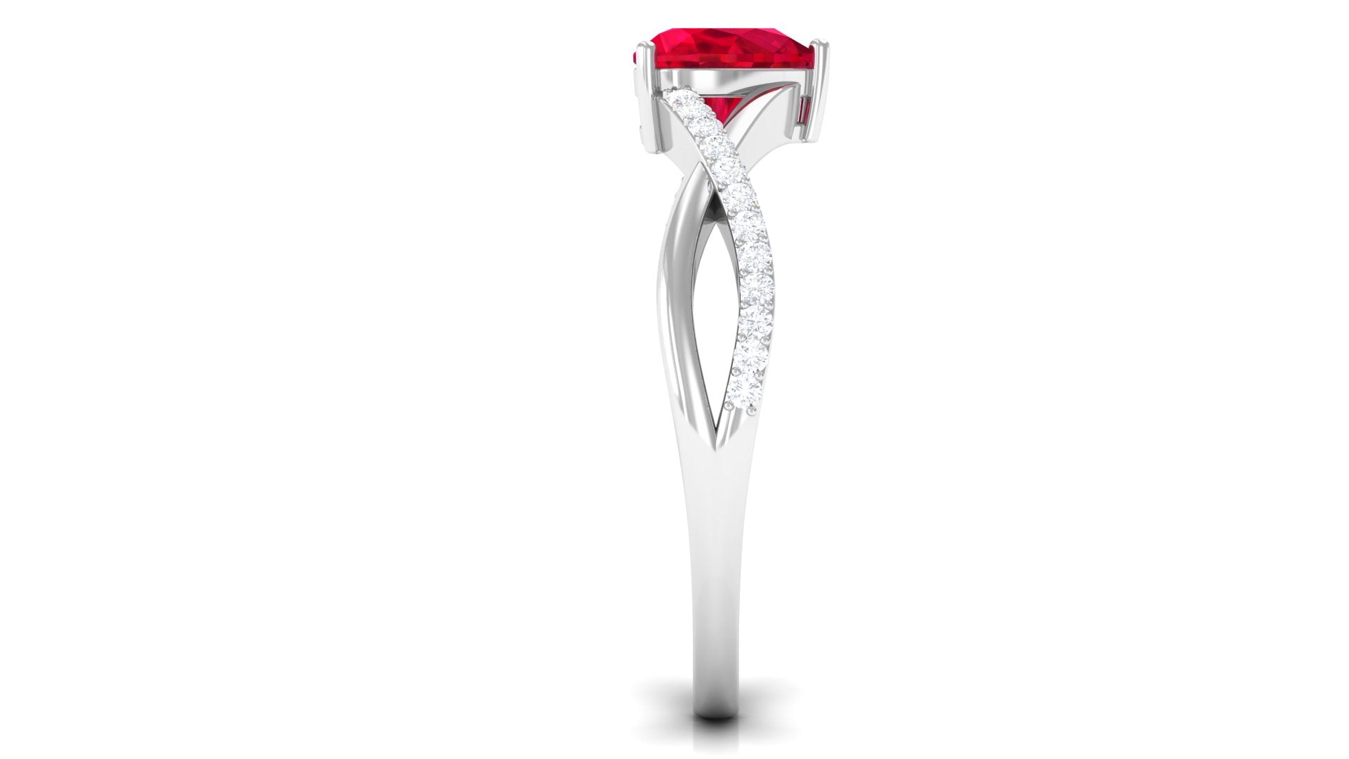 Heart Shape Created Ruby Crossover Ring with Diamond Lab Created Ruby - ( AAAA ) - Quality - Rosec Jewels