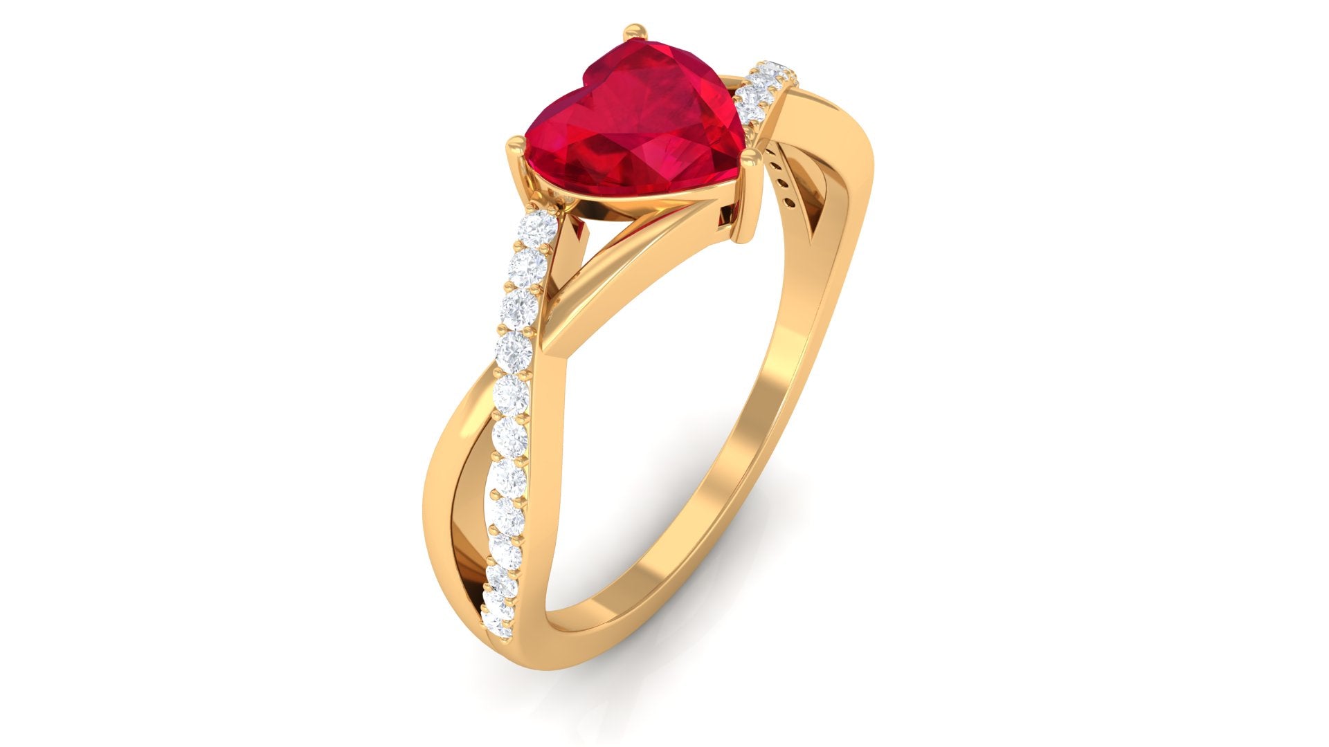 Heart Shape Created Ruby Crossover Ring with Diamond Lab Created Ruby - ( AAAA ) - Quality - Rosec Jewels