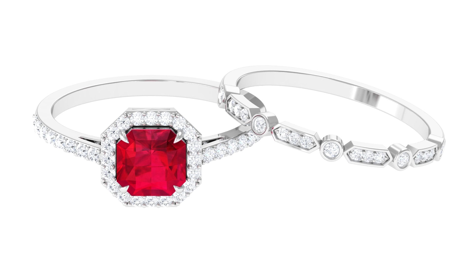 Lab Created Ruby Engagement Ring with Diamond Wedding Band Lab Created Ruby - ( AAAA ) - Quality - Rosec Jewels