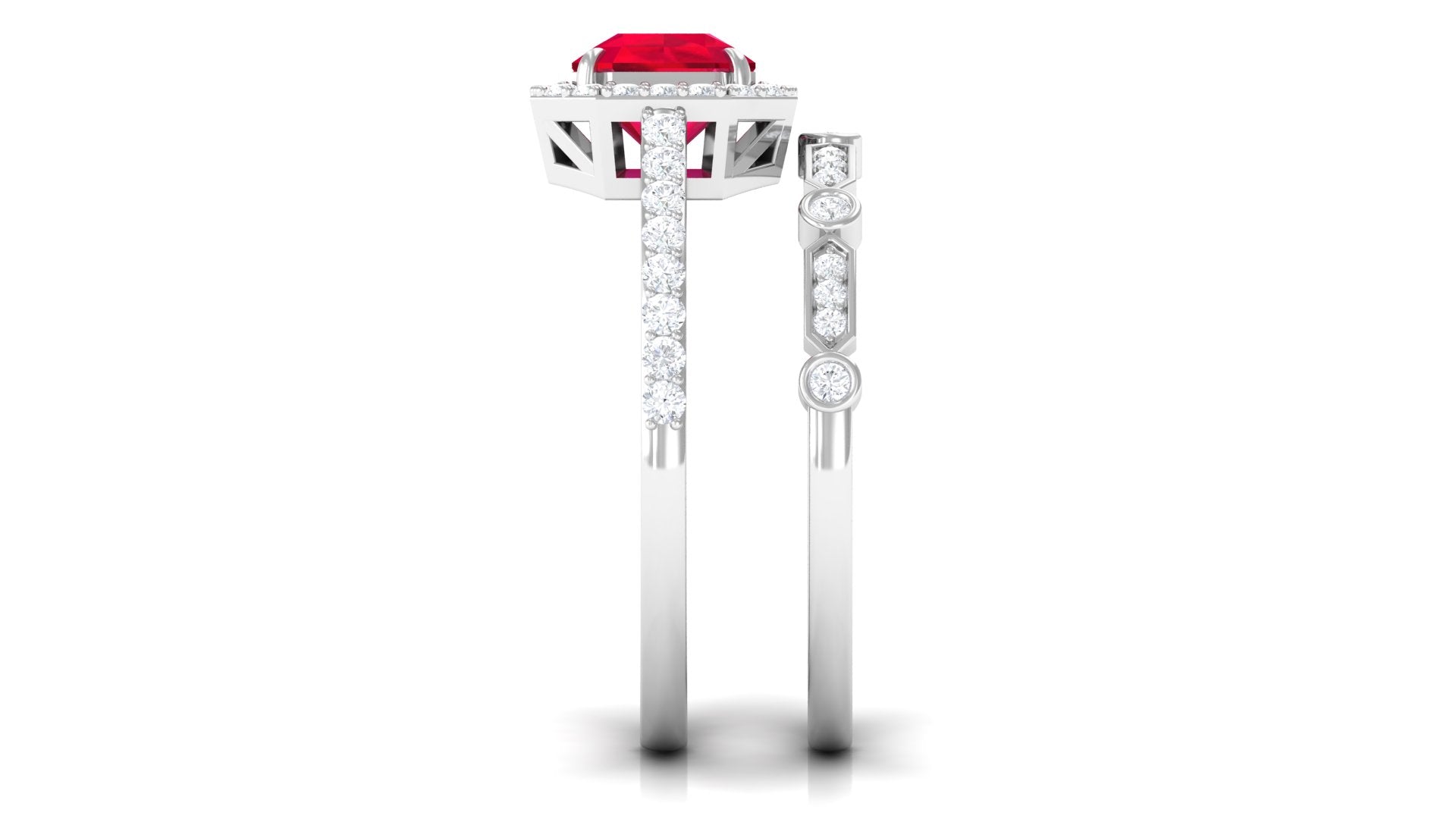 Lab Created Ruby Engagement Ring with Diamond Wedding Band Lab Created Ruby - ( AAAA ) - Quality - Rosec Jewels