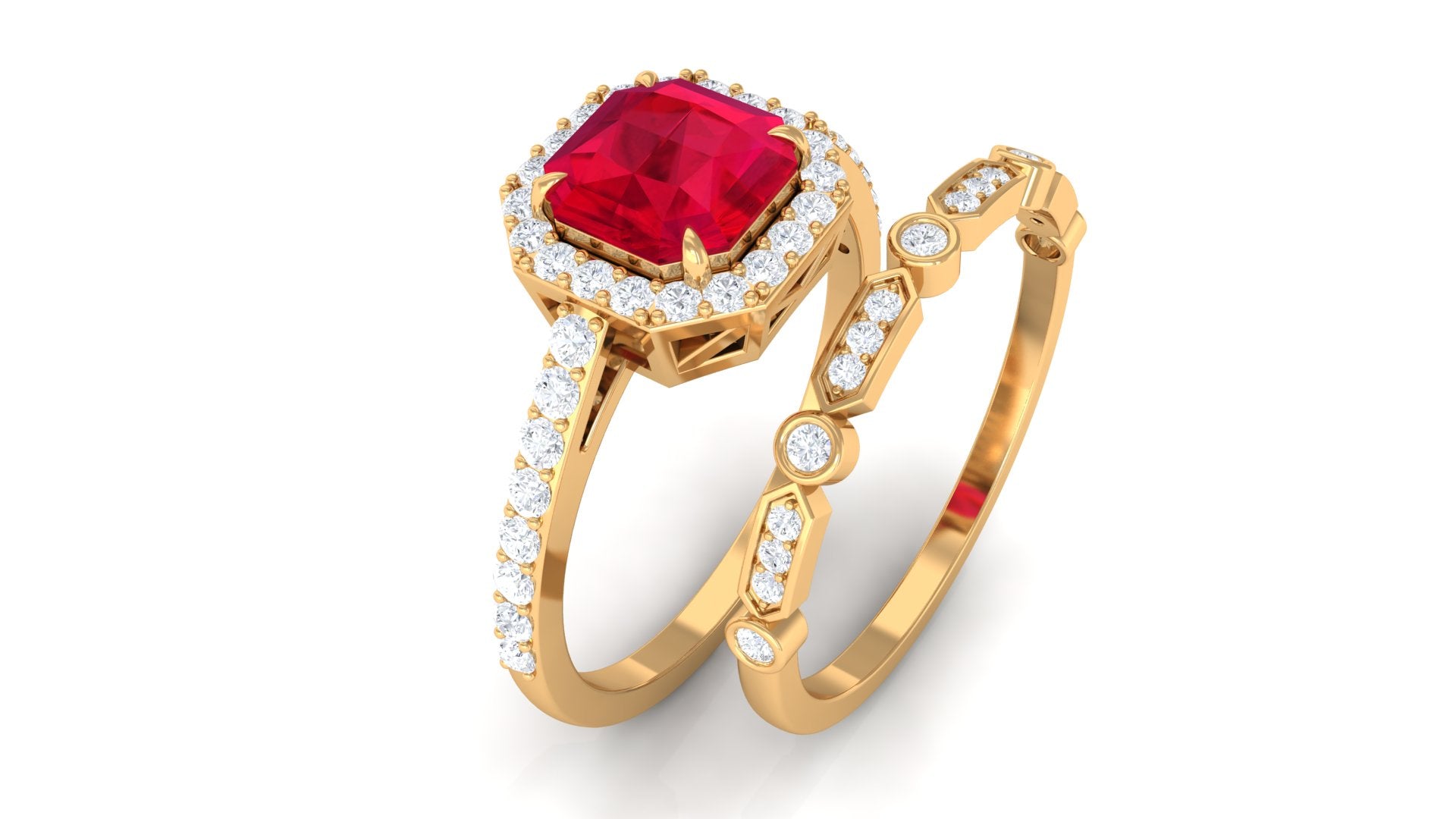 Lab Created Ruby Engagement Ring with Diamond Wedding Band Lab Created Ruby - ( AAAA ) - Quality - Rosec Jewels