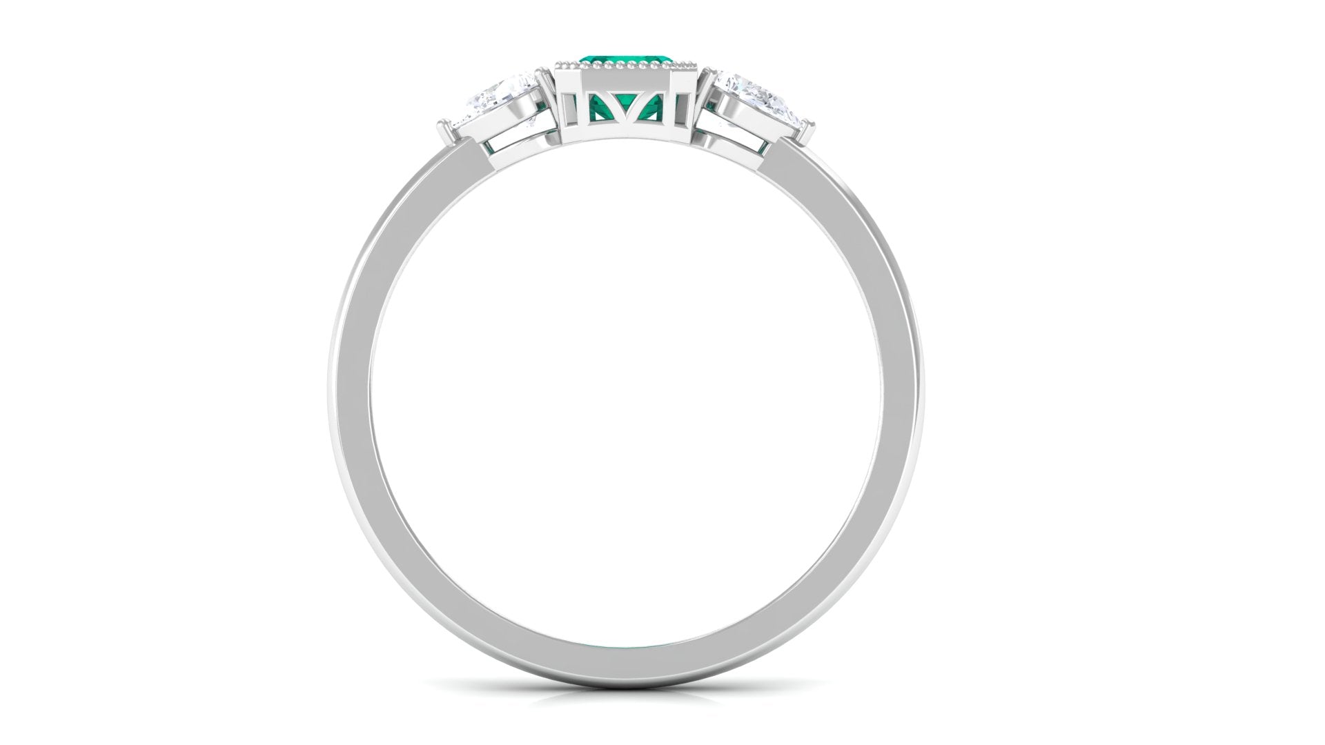 Octagon shape Emerald and Diamond Three Stone Ring in Bezel Setting Emerald - ( AAA ) - Quality - Rosec Jewels