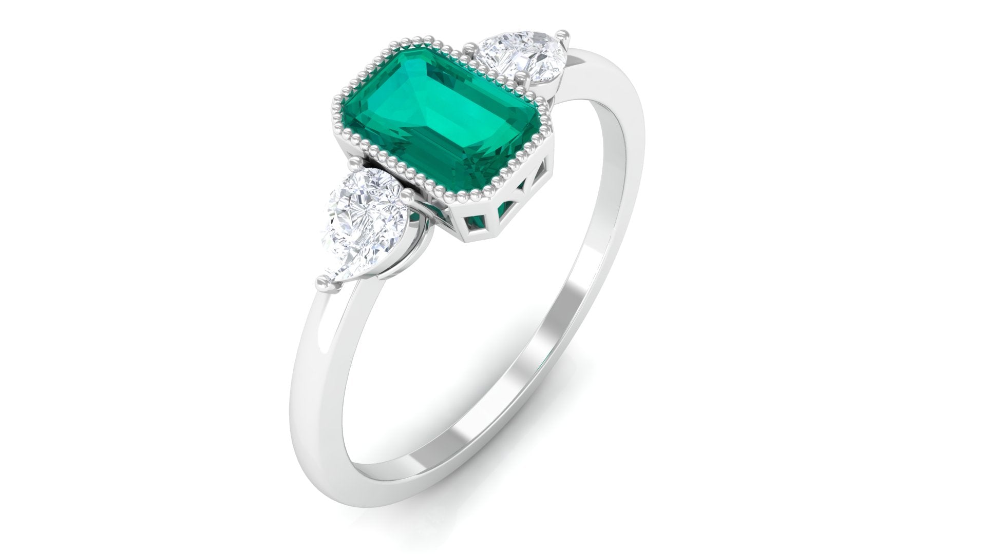 Octagon shape Emerald and Diamond Three Stone Ring in Bezel Setting Emerald - ( AAA ) - Quality - Rosec Jewels