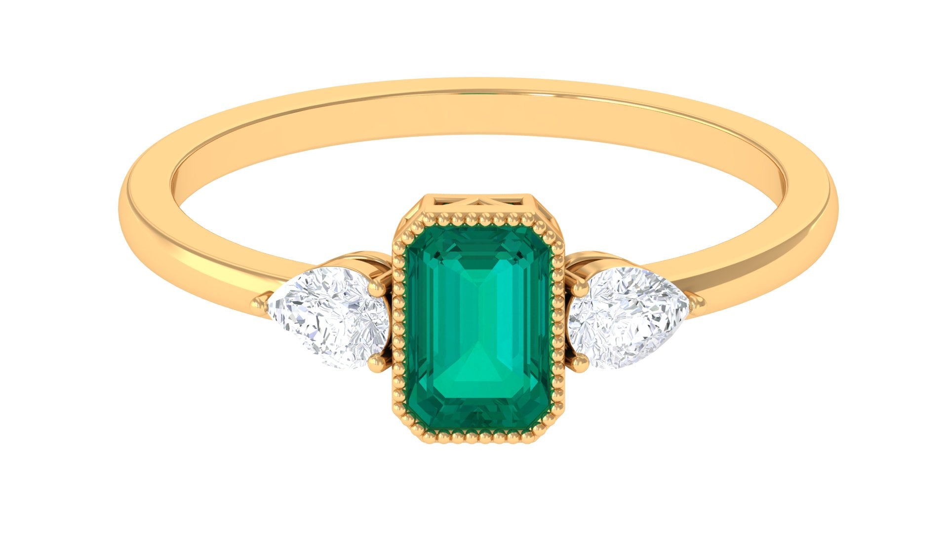 Octagon shape Emerald and Diamond Three Stone Ring in Bezel Setting Emerald - ( AAA ) - Quality - Rosec Jewels