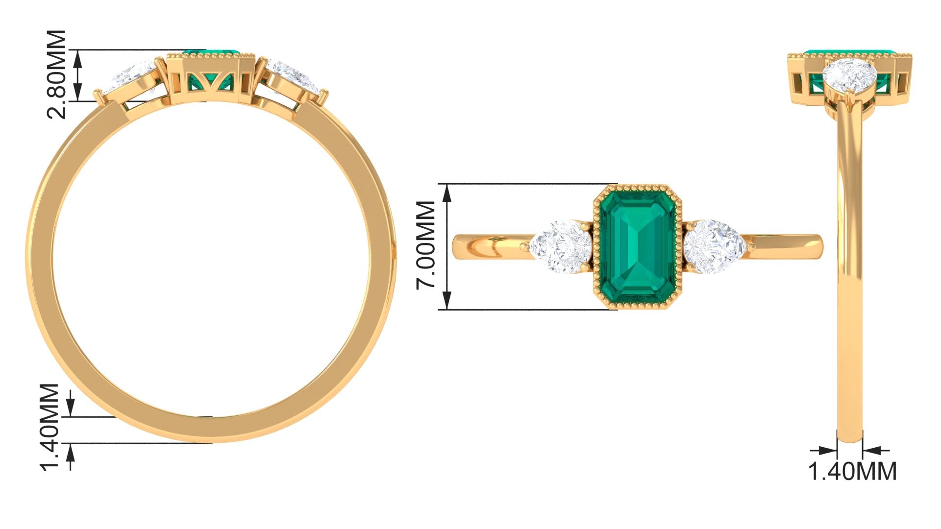 Octagon shape Emerald and Diamond Three Stone Ring in Bezel Setting Emerald - ( AAA ) - Quality - Rosec Jewels