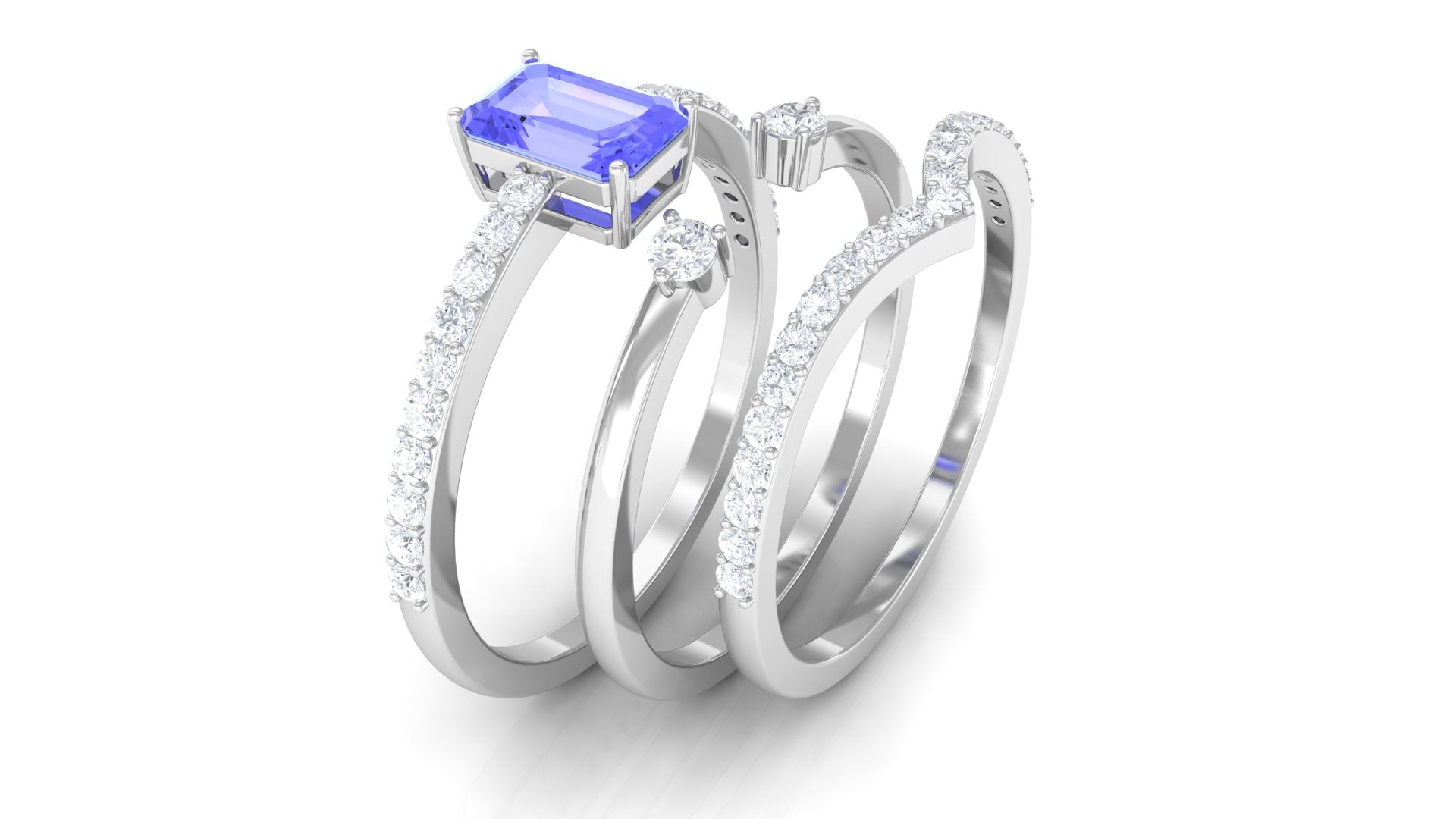 Emerald Cut Tanzanite Stackable Ring Set of 3 with Diamond Band Tanzanite - ( AAA ) - Quality - Rosec Jewels