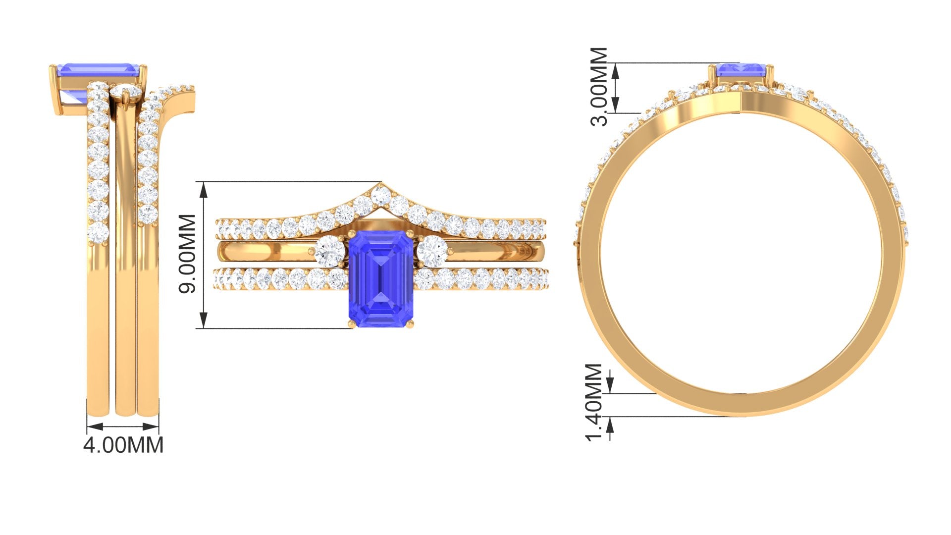 Emerald Cut Tanzanite Stackable Ring Set of 3 with Diamond Band Tanzanite - ( AAA ) - Quality - Rosec Jewels