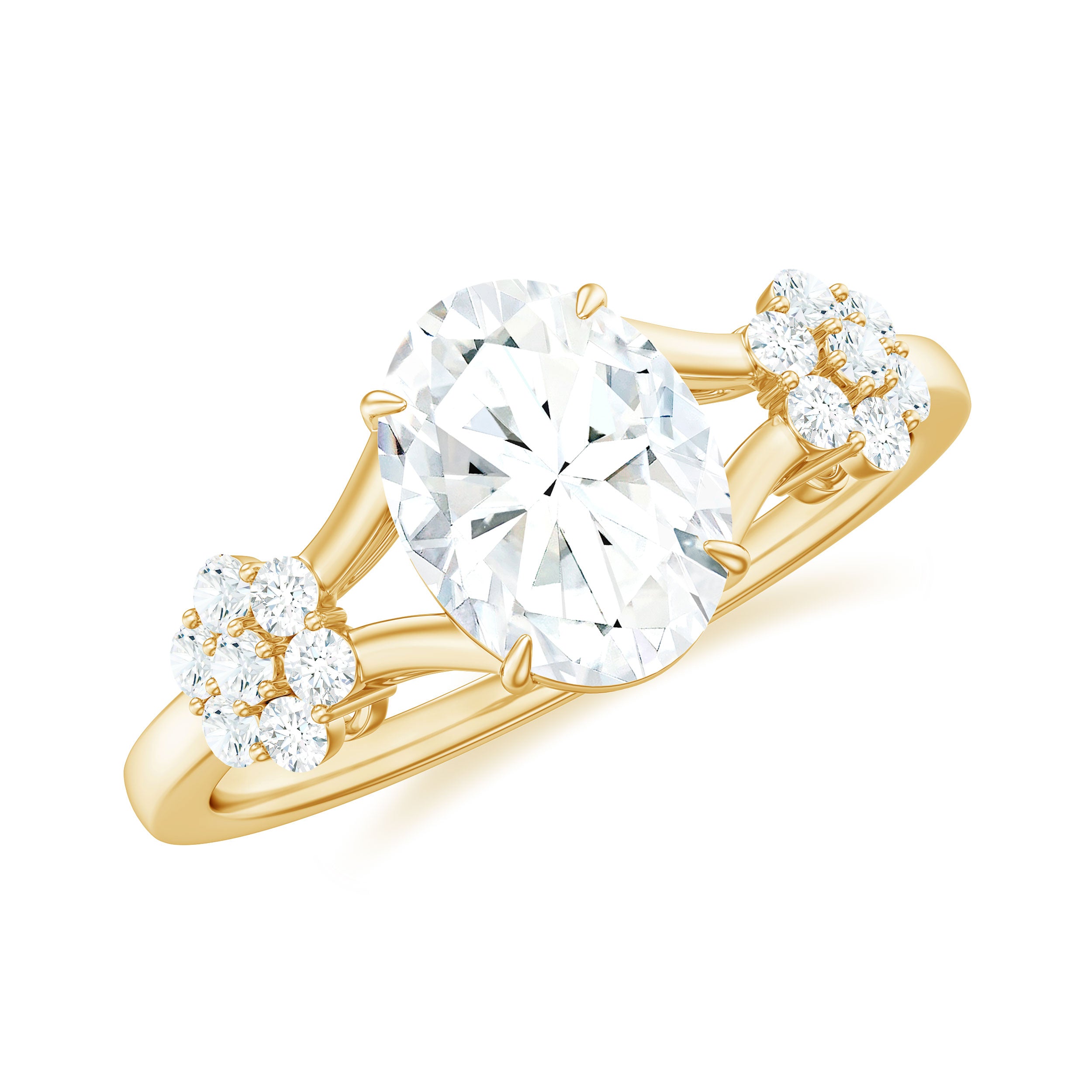 Split Shank Oval Cut Moissanite Cocktail Flower Ring in Gold Moissanite - ( D-VS1 ) - Color and Clarity - Rosec Jewels