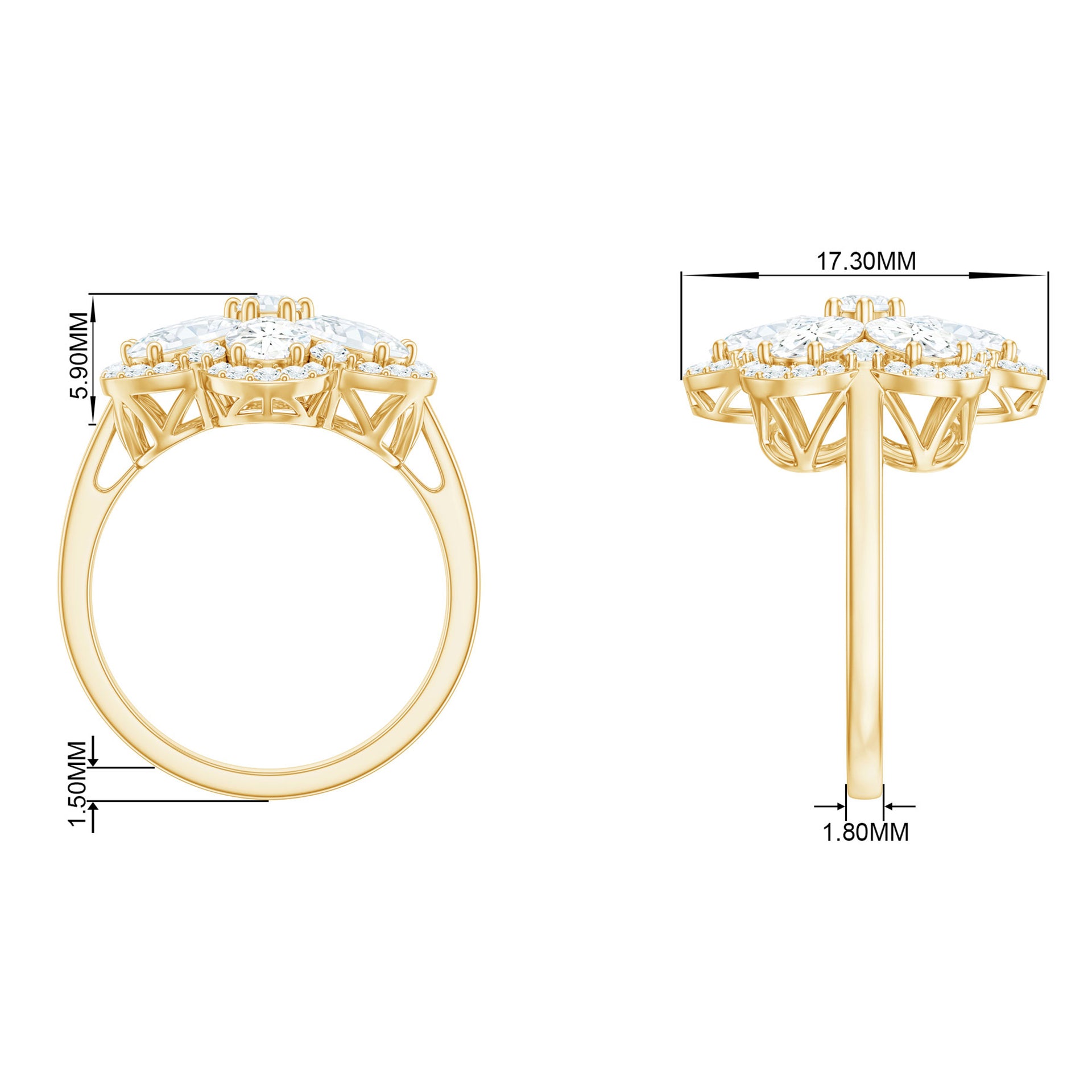 3.5 Carat Oval and Round Moissanite Flower Statement Ring Moissanite - ( D-VS1 ) - Color and Clarity - Rosec Jewels