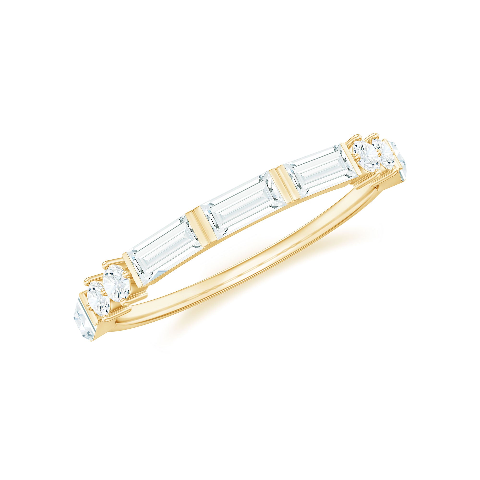 Baguette and Round Cut Moissanite Minimal Stackable Band Ring in Bar Setting Moissanite - ( D-VS1 ) - Color and Clarity - Rosec Jewels