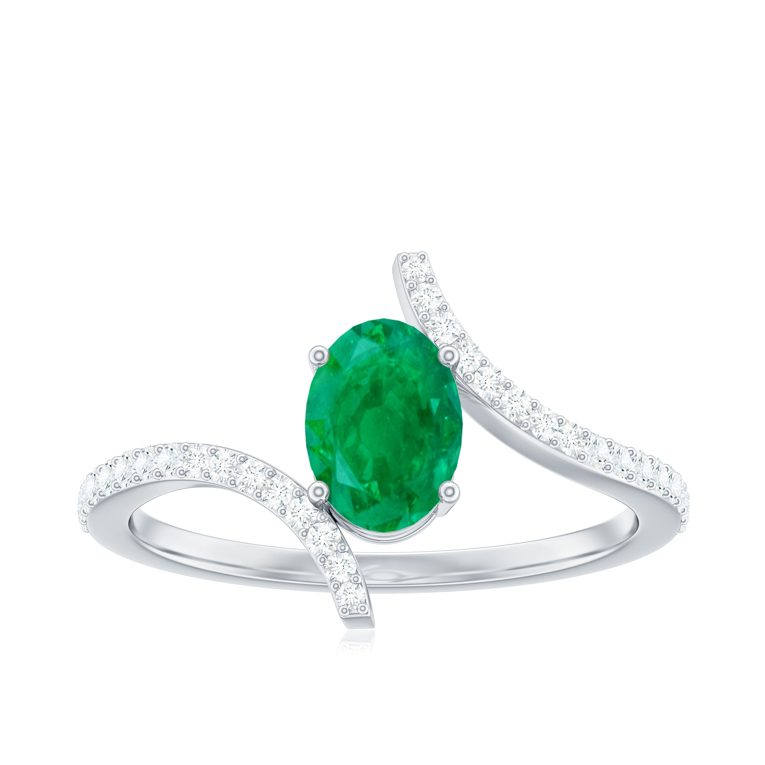 1 CT Oval Emerald Solitaire Bypass Ring with Diamond Emerald - ( AAA ) - Quality - Rosec Jewels