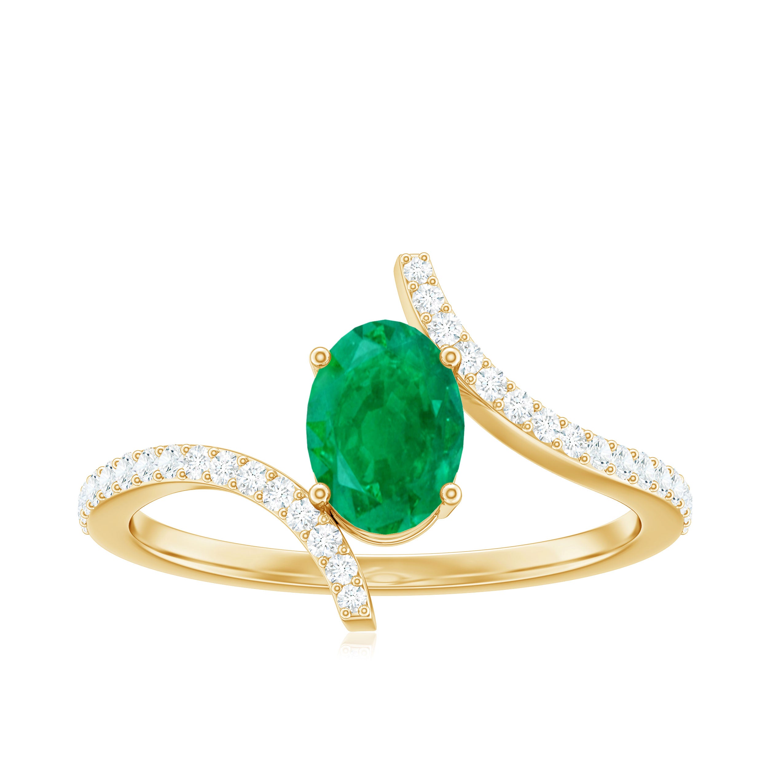 1 CT Oval Emerald Solitaire Bypass Ring with Diamond Emerald - ( AAA ) - Quality - Rosec Jewels