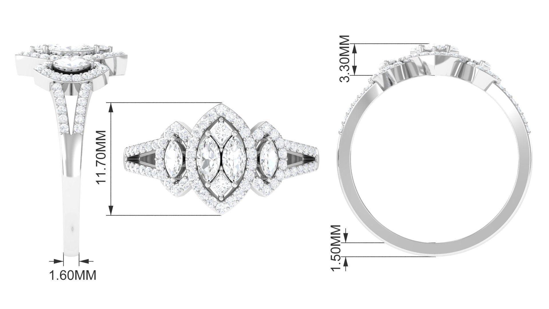 Gold Certified Moissanite Cluster Engagement Ring Moissanite - ( D-VS1 ) - Color and Clarity - Rosec Jewels