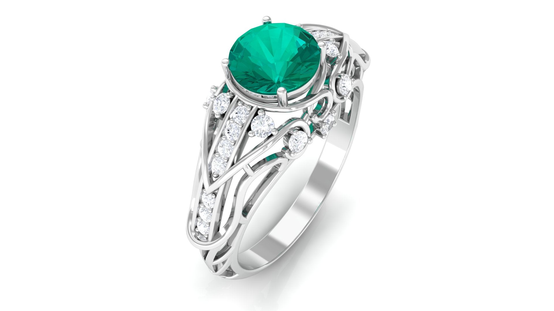 Antique Style Round Emerald Engagement Ring with Diamond Emerald - ( AAA ) - Quality - Rosec Jewels