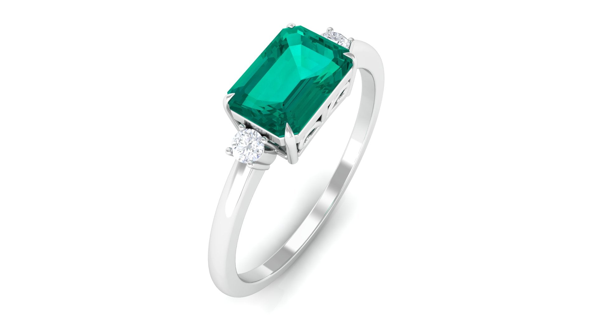 Octagon shape Emerald East West Engagement Ring with Diamond Emerald - ( AAA ) - Quality - Rosec Jewels