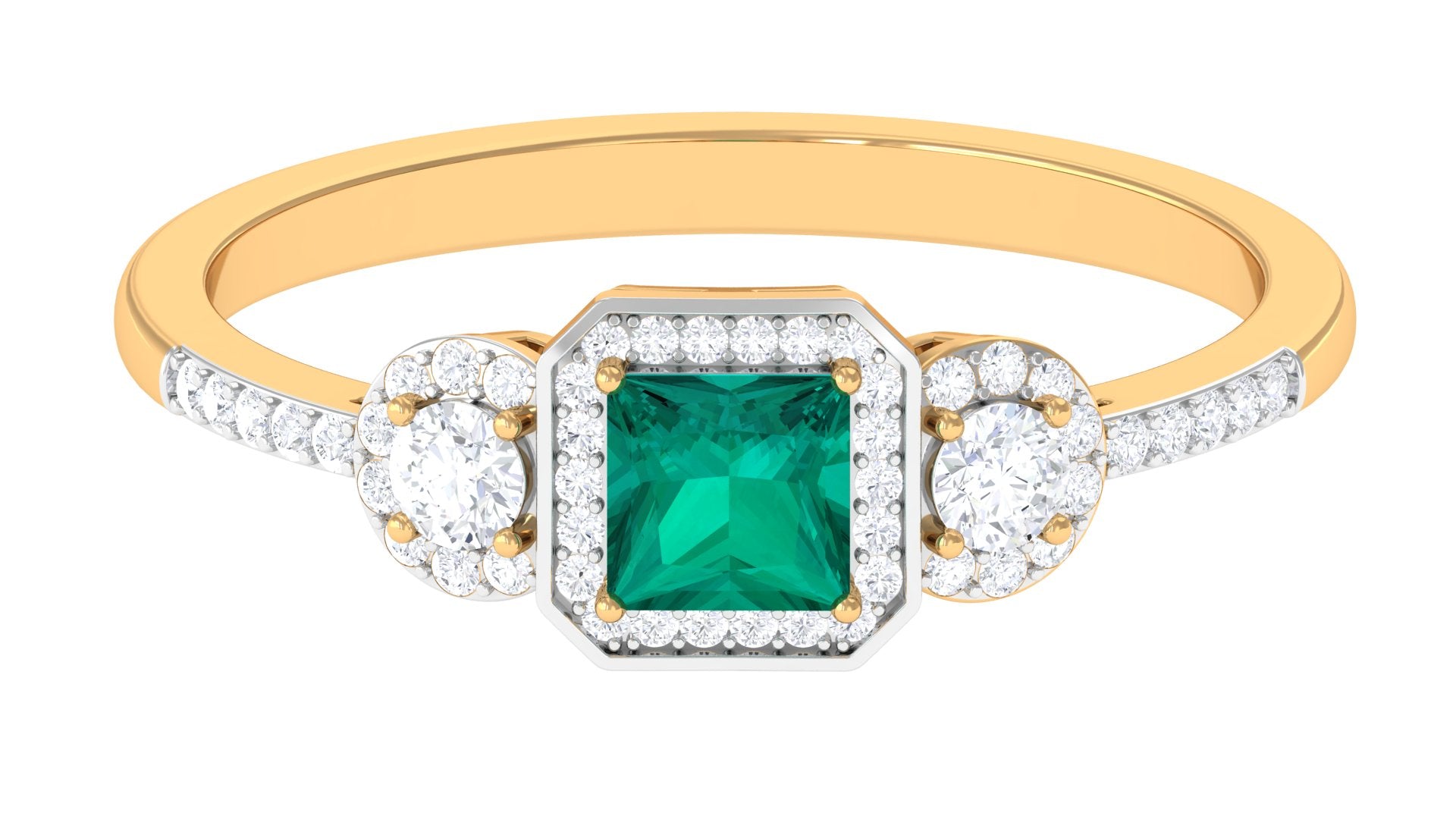 Princess Cut Emerald Halo Engagement Ring with Diamond Emerald - ( AAA ) - Quality - Rosec Jewels