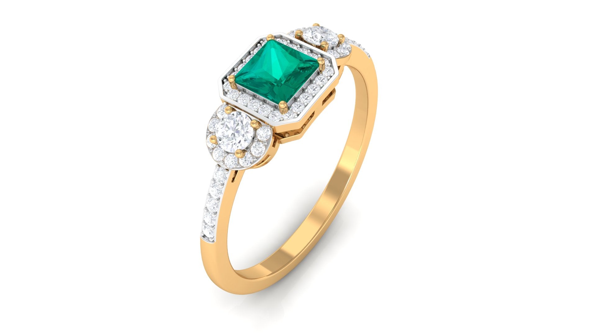 Princess Cut Emerald Halo Engagement Ring with Diamond Emerald - ( AAA ) - Quality - Rosec Jewels