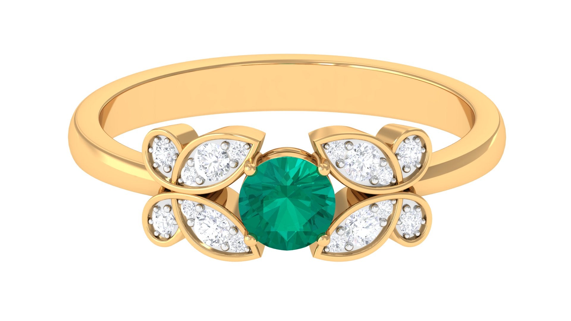 Round Emerald Butterfly Engagement Ring with Diamond Emerald - ( AAA ) - Quality - Rosec Jewels