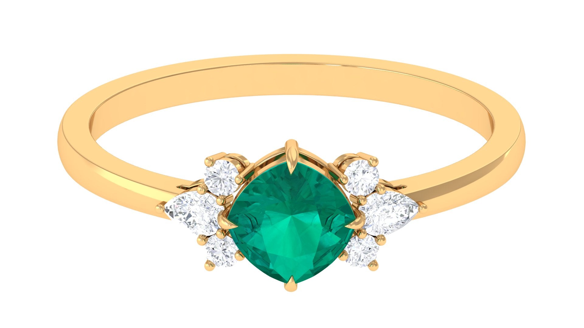 1 CT Cushion shape Emerald Solitaire Ring with Diamond Trio Emerald - ( AAA ) - Quality - Rosec Jewels