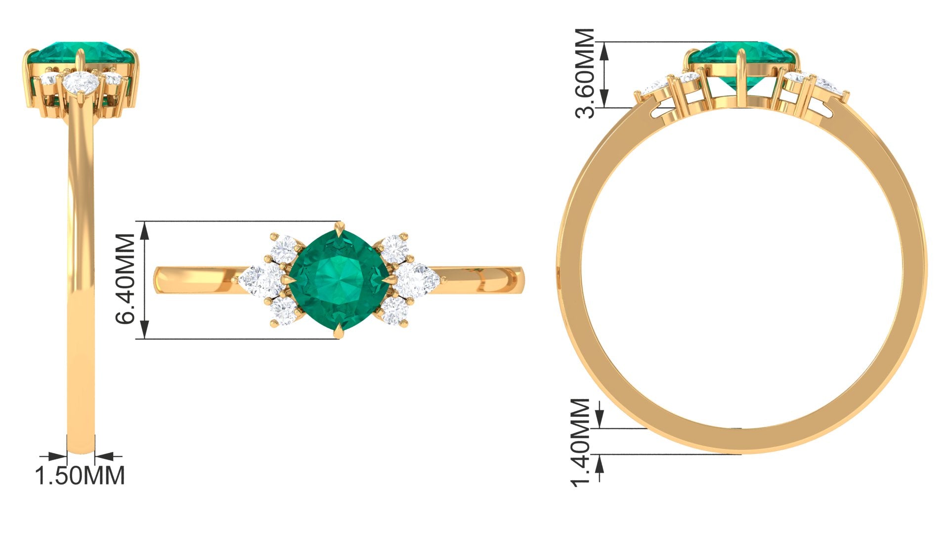 1 CT Cushion shape Emerald Solitaire Ring with Diamond Trio Emerald - ( AAA ) - Quality - Rosec Jewels