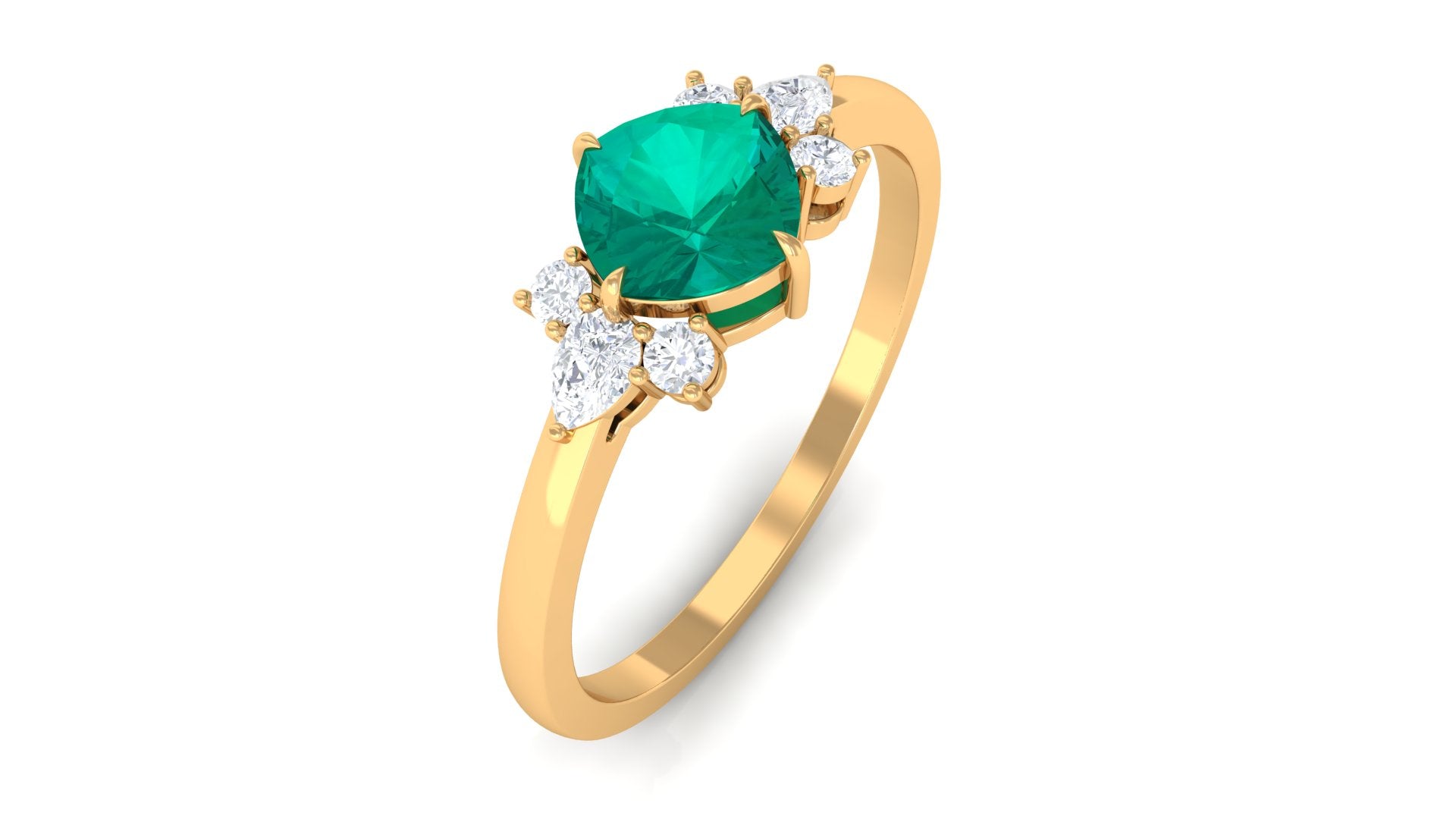 1 CT Cushion shape Emerald Solitaire Ring with Diamond Trio Emerald - ( AAA ) - Quality - Rosec Jewels