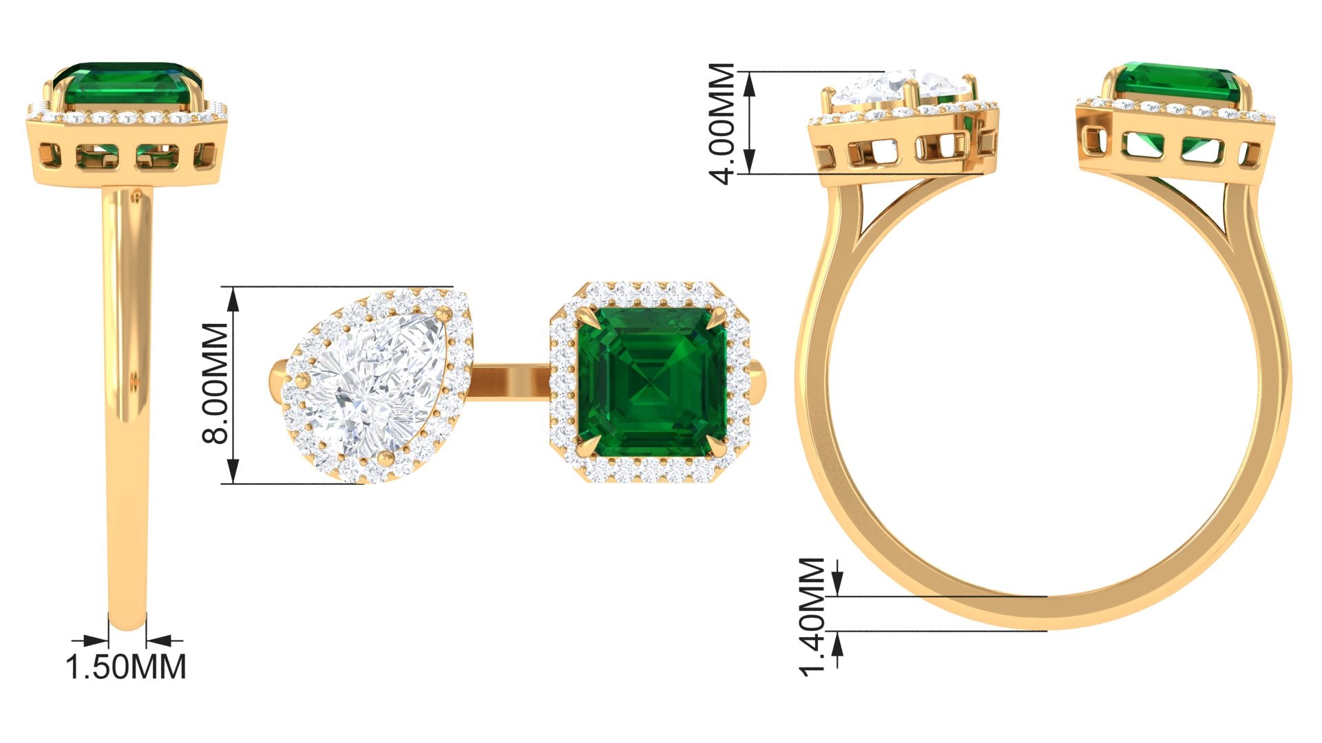 4 CT Created Emerald and Moissanite Two Stone Cuff Ring in Gold Lab Created Emerald - ( AAAA ) - Quality - Rosec Jewels