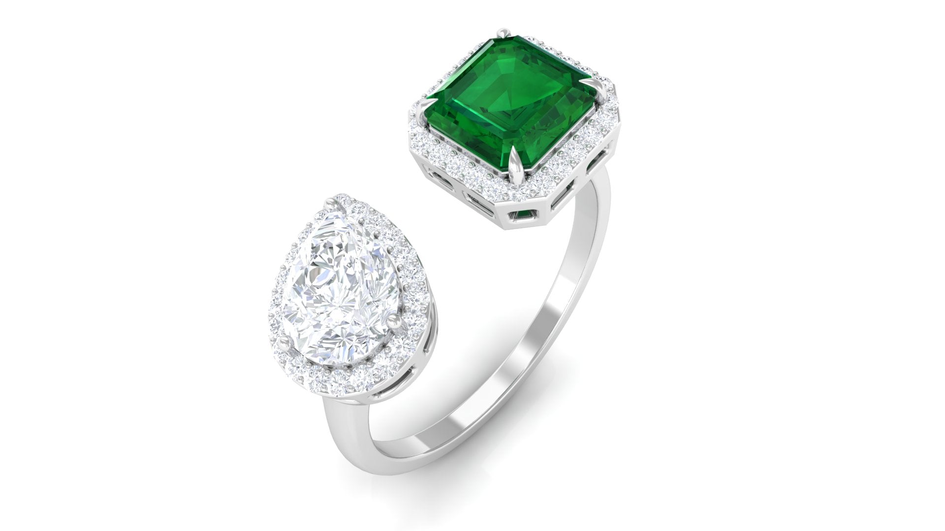 4 CT Created Emerald and Moissanite Two Stone Cuff Ring in Gold Lab Created Emerald - ( AAAA ) - Quality - Rosec Jewels