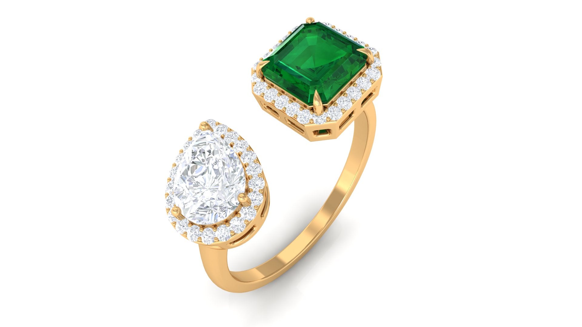 4 CT Created Emerald and Moissanite Two Stone Cuff Ring in Gold Lab Created Emerald - ( AAAA ) - Quality - Rosec Jewels