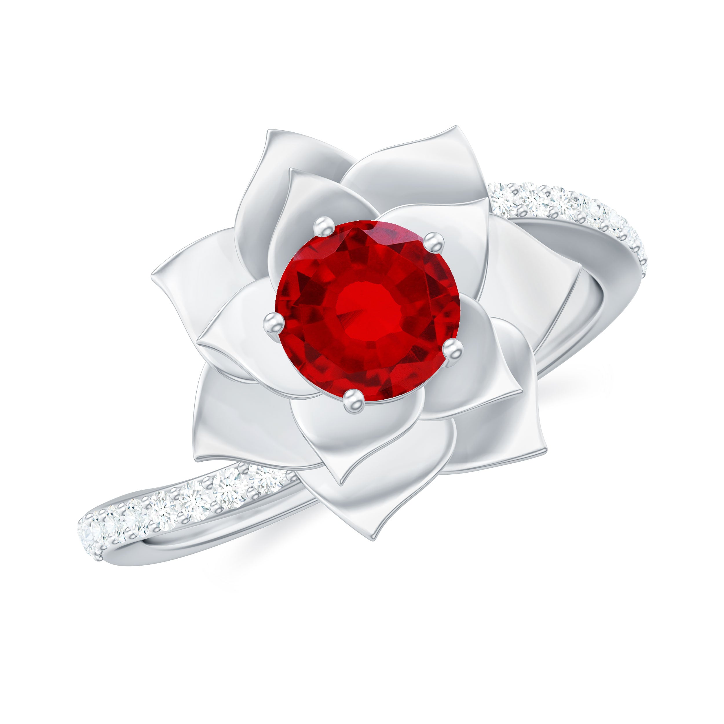 1 CT Created Ruby Flower Engagement Ring with Diamond Lab Created Ruby - ( AAAA ) - Quality - Rosec Jewels