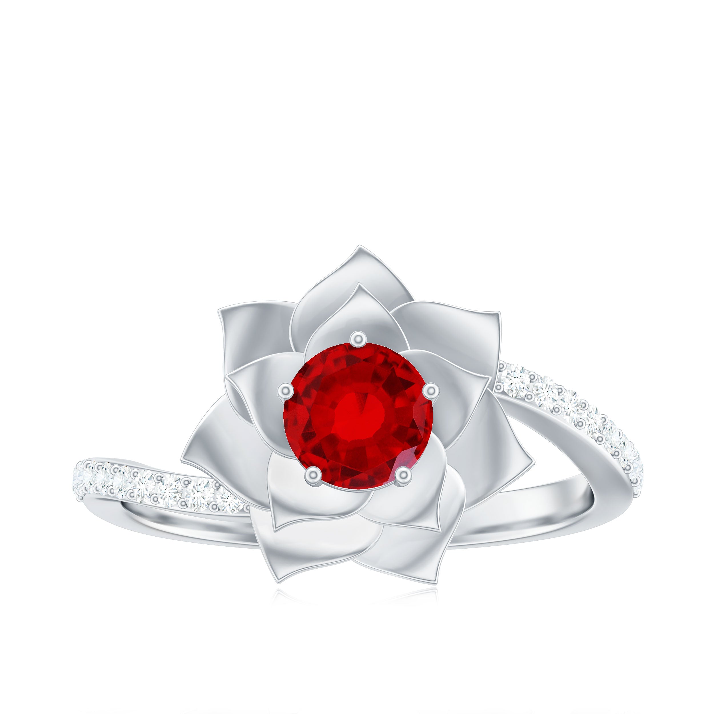 1 CT Created Ruby Flower Engagement Ring with Diamond Lab Created Ruby - ( AAAA ) - Quality - Rosec Jewels