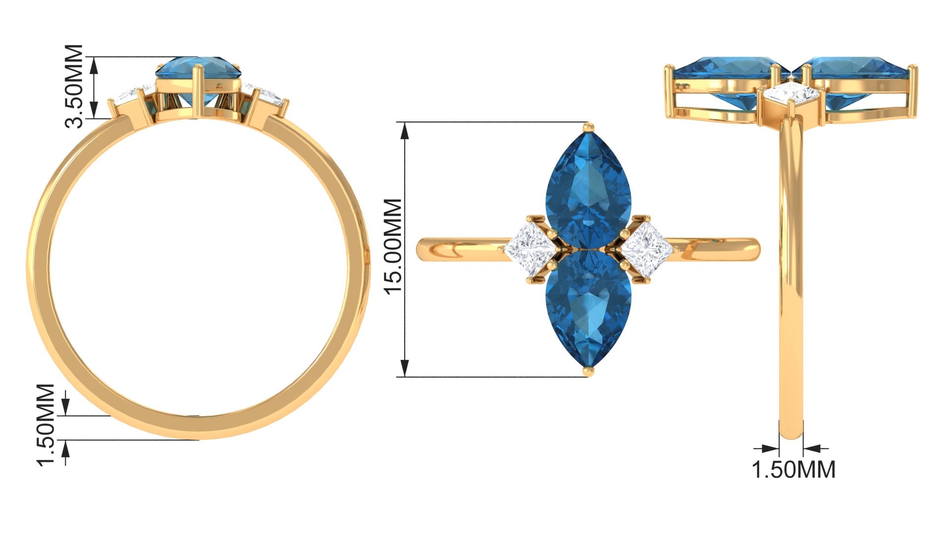 London Blue Topaz Two Stone Ring with Moissanite Stones London Blue Topaz - ( AAA ) - Quality - Rosec Jewels