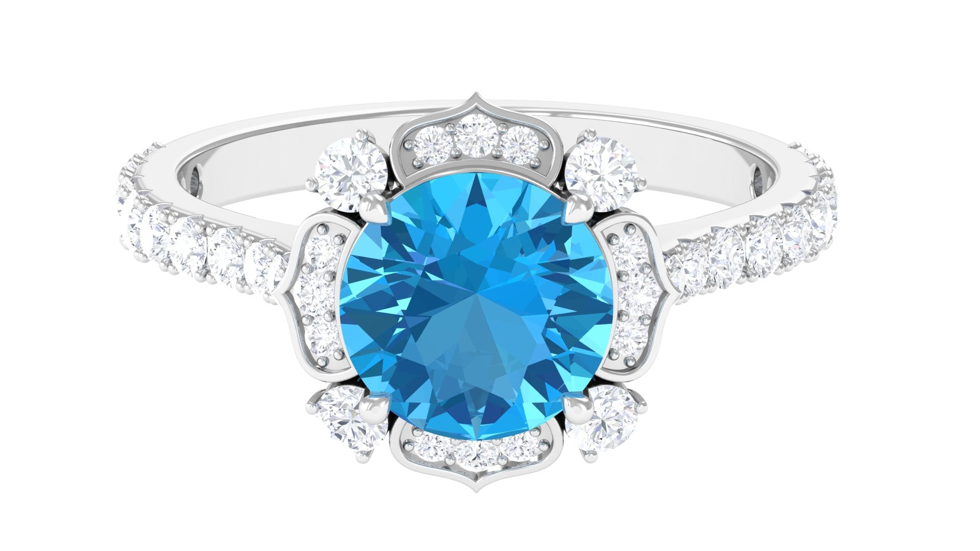 3 CT Swiss Blue Topaz and Moissanite Floral Engagement Ring for Her Swiss Blue Topaz - ( AAA ) - Quality - Rosec Jewels