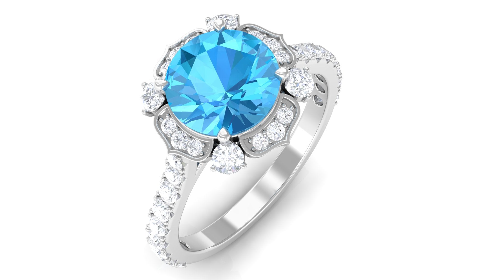 3 CT Swiss Blue Topaz and Moissanite Floral Engagement Ring for Her Swiss Blue Topaz - ( AAA ) - Quality - Rosec Jewels