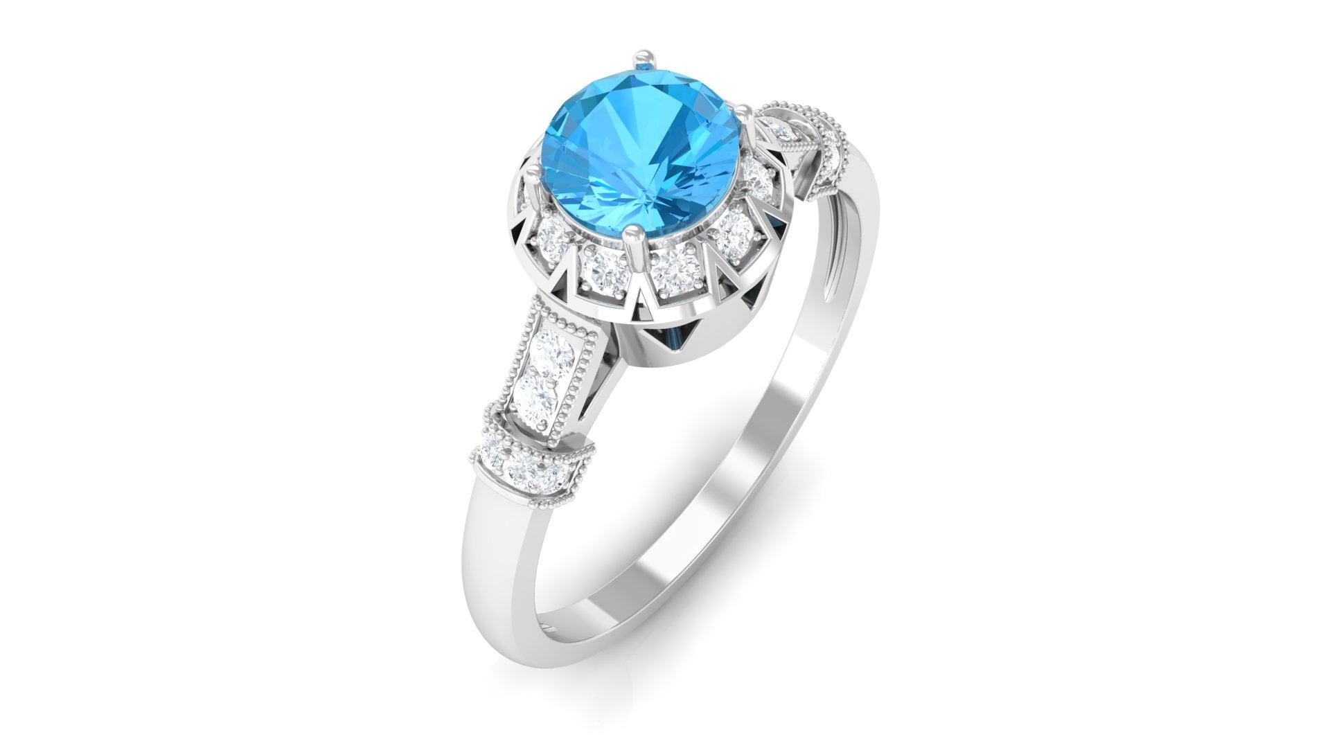 3/4 CT Swiss Blue Topaz and Diamond Antique Engagement Ring Swiss Blue Topaz - ( AAA ) - Quality - Rosec Jewels