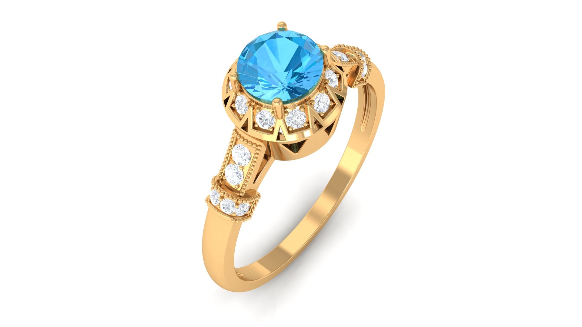 3/4 CT Swiss Blue Topaz and Diamond Antique Engagement Ring Swiss Blue Topaz - ( AAA ) - Quality - Rosec Jewels