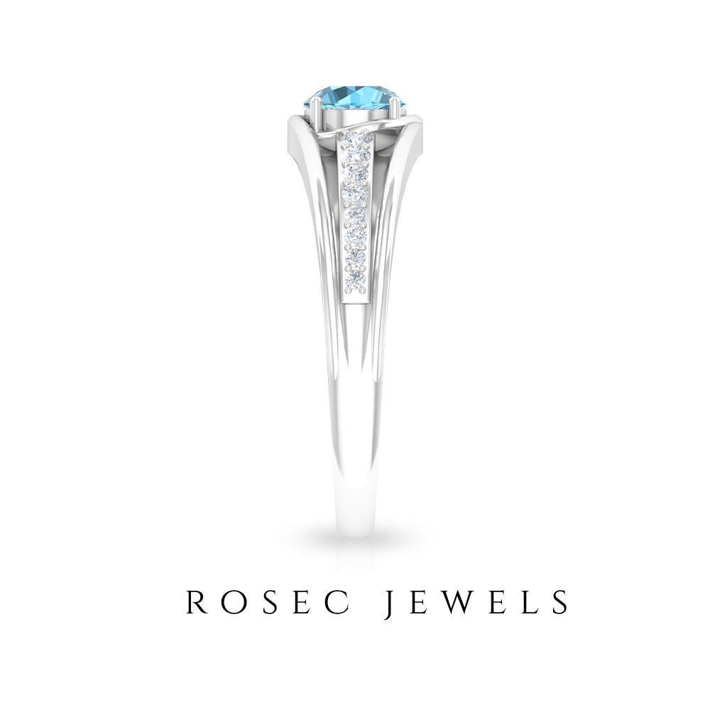 3/4 CT Round Shape Swiss Blue Topaz Solitaire Ring with Diamond Side Stones Swiss Blue Topaz - ( AAA ) - Quality - Rosec Jewels