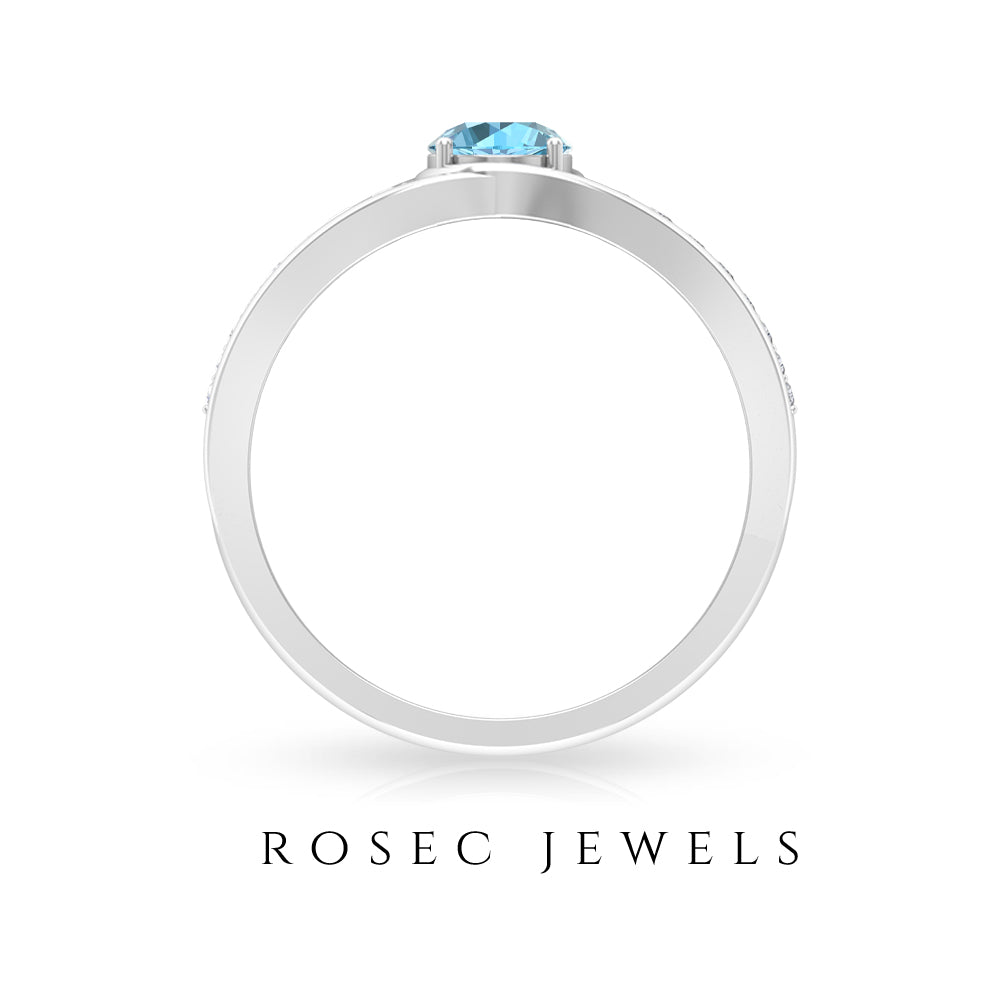 3/4 CT Round Shape Swiss Blue Topaz Solitaire Ring with Diamond Side Stones Swiss Blue Topaz - ( AAA ) - Quality - Rosec Jewels