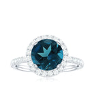 Real London Blue Topaz Halo Engagement Ring with Diamond London Blue Topaz - ( AAA ) - Quality - Rosec Jewels