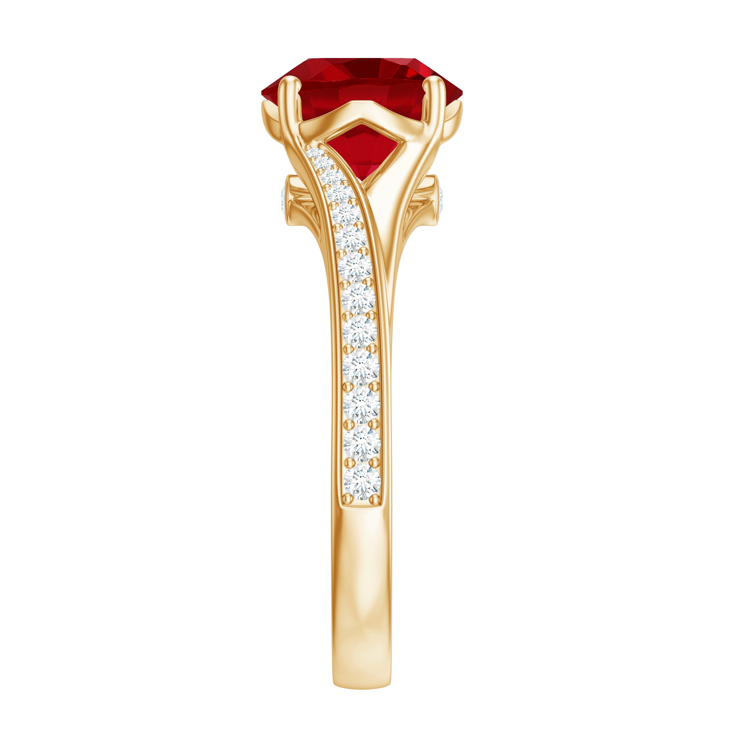 2.75 CT Round Created Ruby Solitaire Ring with Diamond in Split Shank Lab Created Ruby - ( AAAA ) - Quality - Rosec Jewels