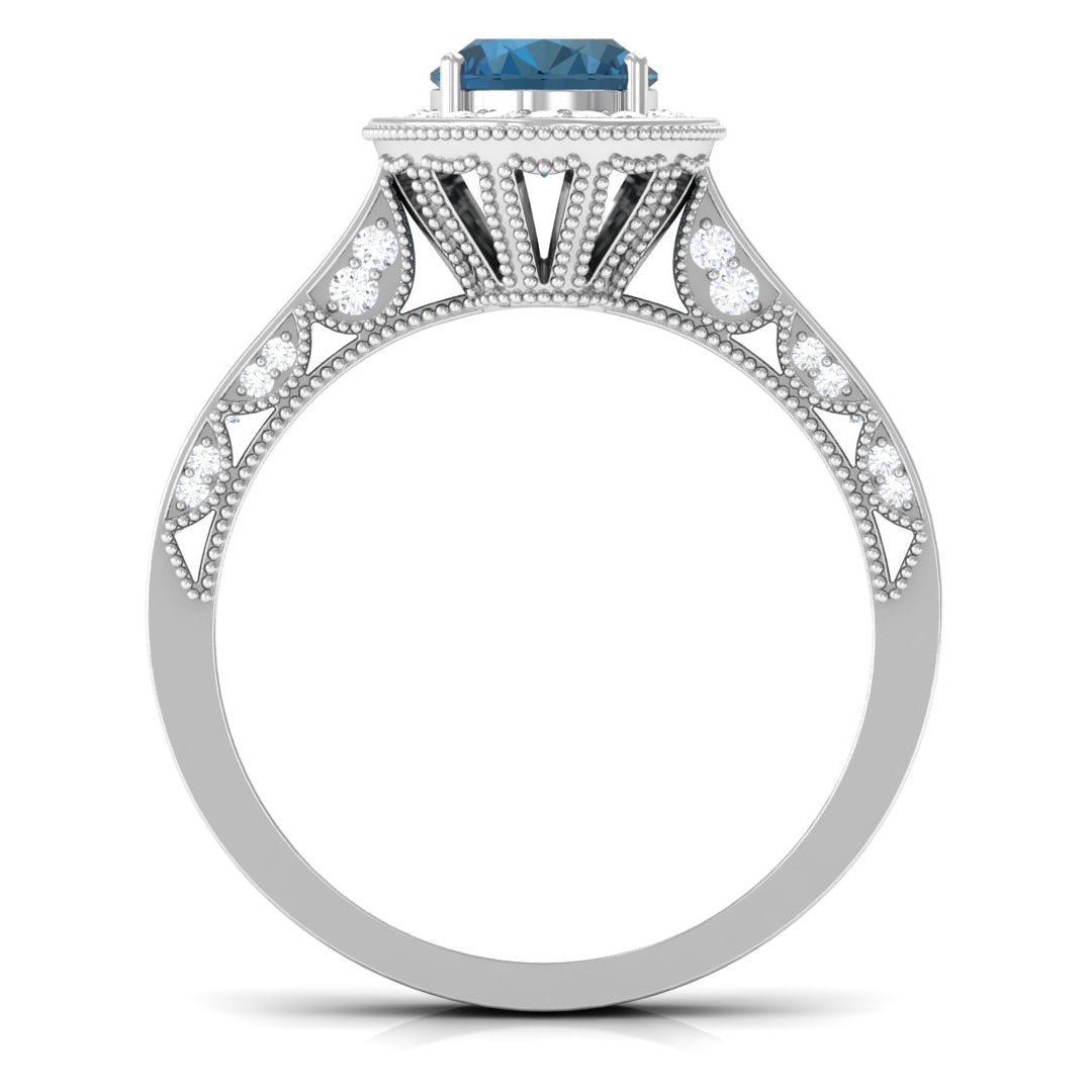 2 CT London Blue Topaz and Diamond Engagement Ring with Milgrain Details London Blue Topaz - ( AAA ) - Quality - Rosec Jewels