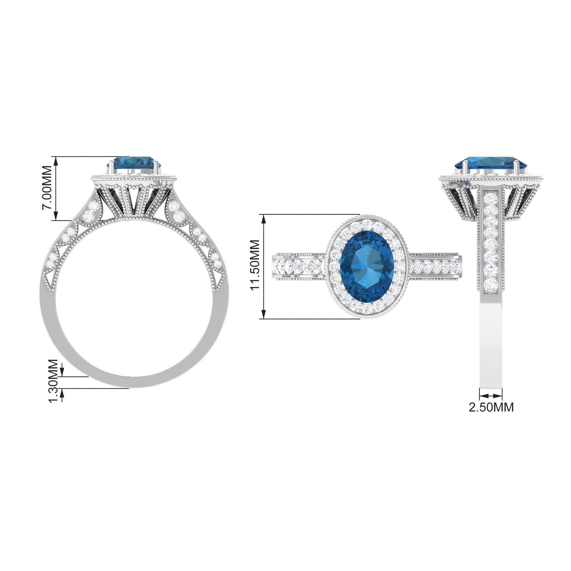 2 CT London Blue Topaz and Diamond Engagement Ring with Milgrain Details London Blue Topaz - ( AAA ) - Quality - Rosec Jewels