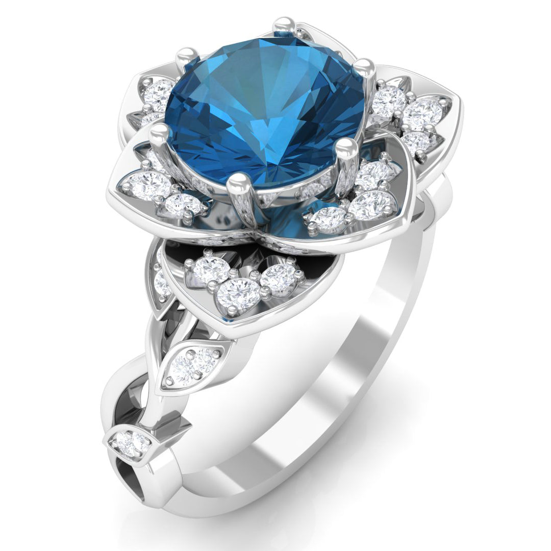 1.75 CT London Blue Topaz Floral Engagement Ring with Diamond Accent London Blue Topaz - ( AAA ) - Quality - Rosec Jewels