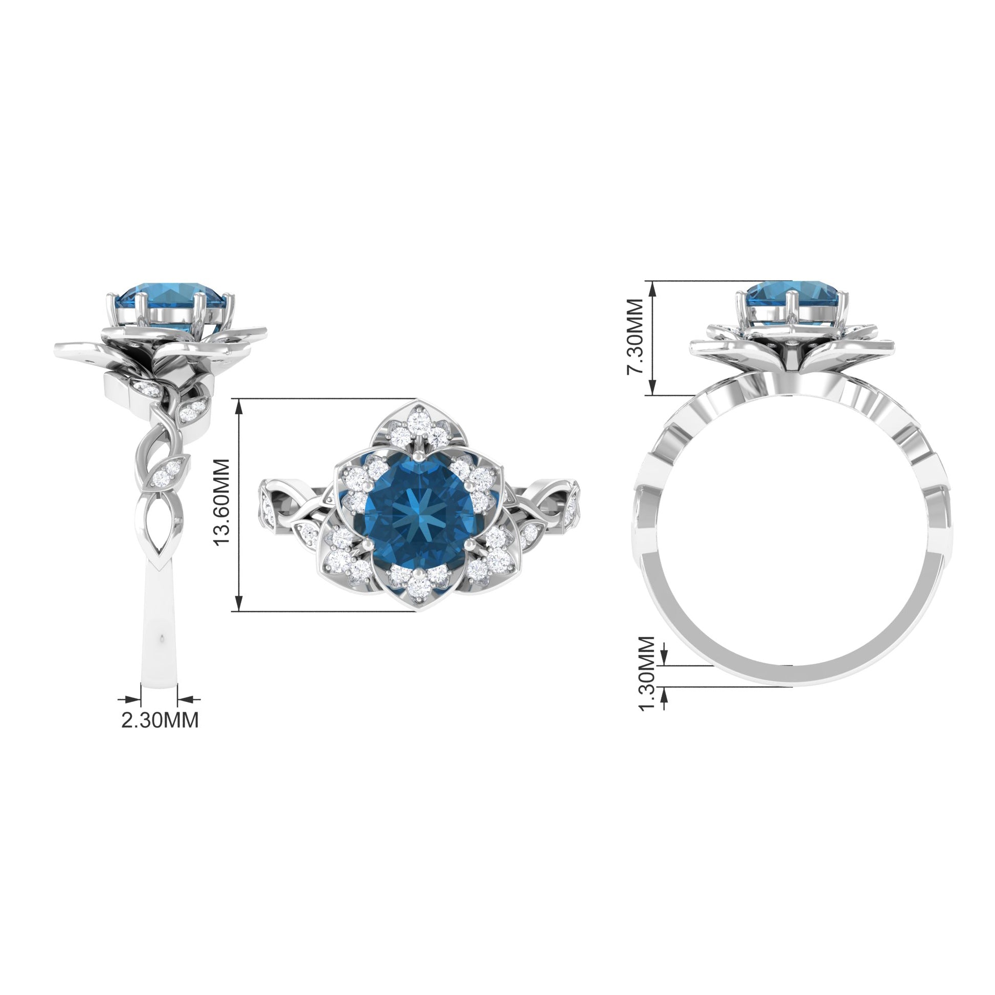 1.75 CT London Blue Topaz Floral Engagement Ring with Diamond Accent London Blue Topaz - ( AAA ) - Quality - Rosec Jewels