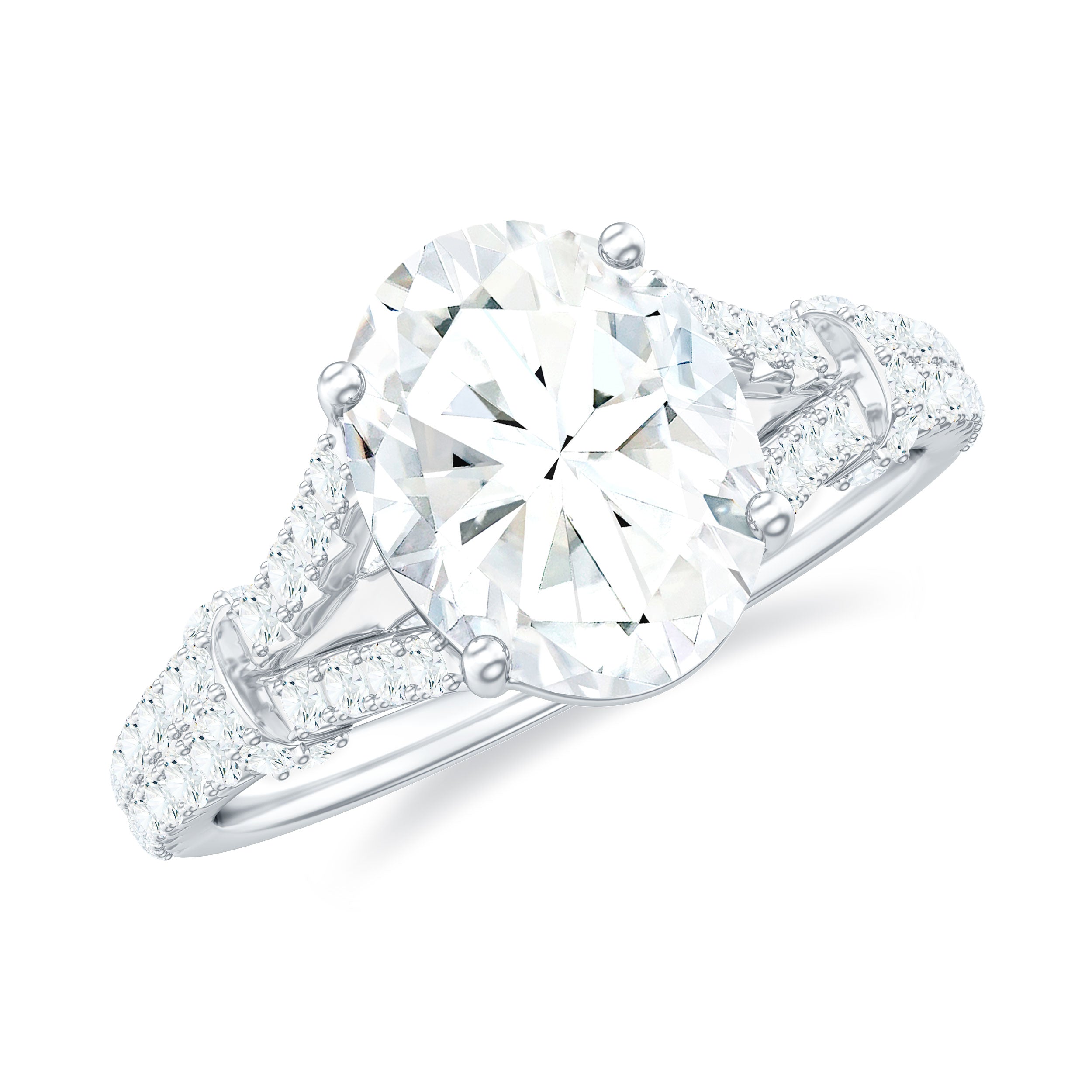 Oval Cut Moissanite Solitaire Engagement Ring in Split Shank Moissanite - ( D-VS1 ) - Color and Clarity - Rosec Jewels