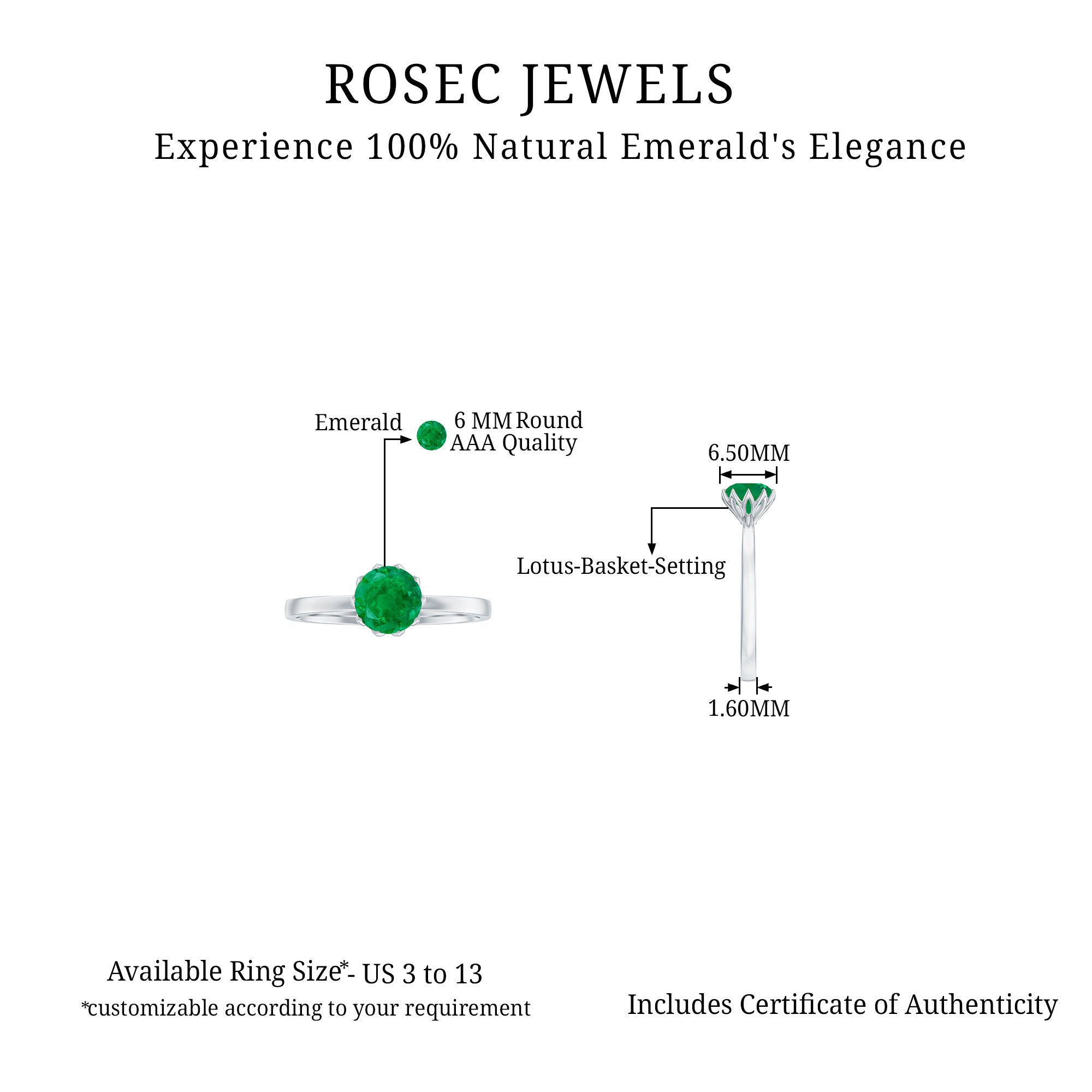 3/4 CT Solitaire Emerald Ring in Lotus Basket Setting Emerald - ( AAA ) - Quality - Rosec Jewels